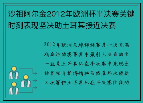沙祖阿尔金2012年欧洲杯半决赛关键时刻表现坚决助土耳其接近决赛 沙祖阿尔金2012年欧洲杯半决赛关键时刻表现坚决助土耳其接近决赛